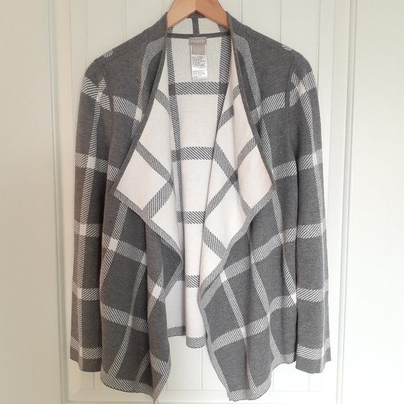 Chico's Reversible Windowpane-Print Open-Front Cardigan Gray White Size 1/Size M - Picture 1 of 11